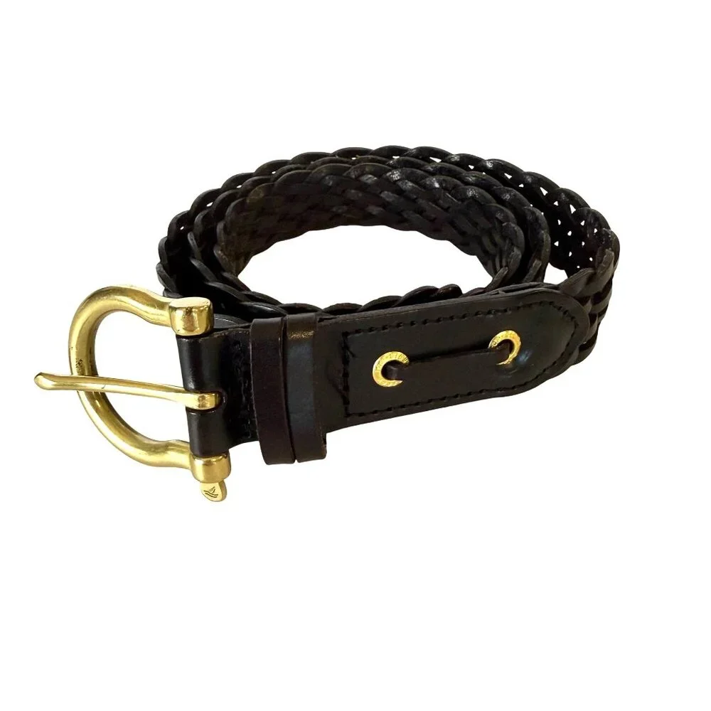 Leather Braided Belt L 45" Womens Black Gold Metal Buckle - Picture 1 of 5